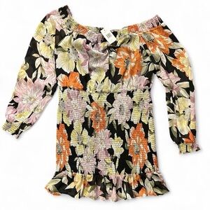 Guess Black Floral Off-Shoulder Mini Dress with Orange, Pink & Cream Blossoms